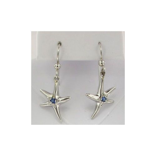 Silver Medium Star with Single Sapphire Earrings - 637 1S
