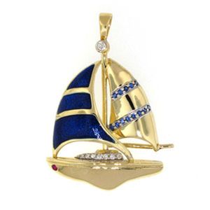 Silver Sailboat Enamel CZ Stones Pendant - 370 DSE