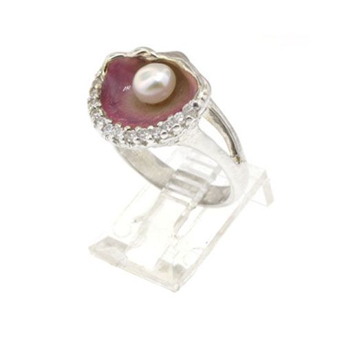 Silver Shell Enamel/Pearl/CZs Ring - 779 DEP