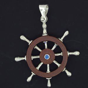Silver Ship's Wheel Wood/Sapphire Pendant - 396 WS