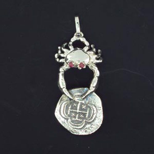 Silver Small Crab with Coin & Rubies Pendant - 915 R
