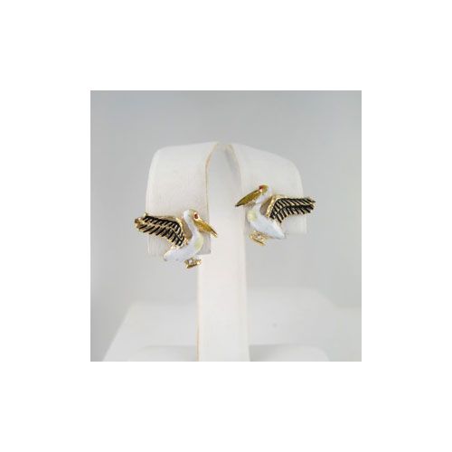 Silver Small Pelican Enamel Earrings - 672 E