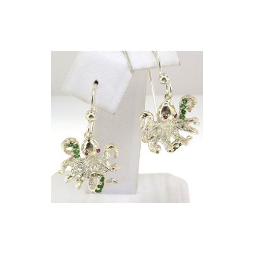 Silver Walking Octopus with Stone Earrings - 687 S