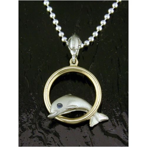 Small Dolphin Through Hoop Pendant - Sterling Silver and 14K Gold  - SD-SGP015
