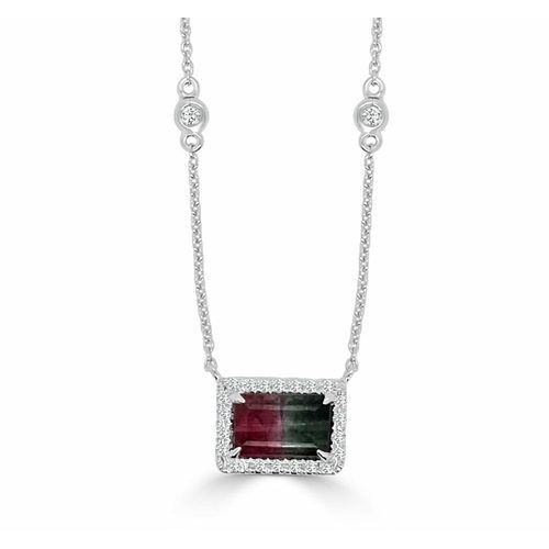 Small Emerald Cut Bi -Color Watermelon Tourmaline Diamond Halo With Chain