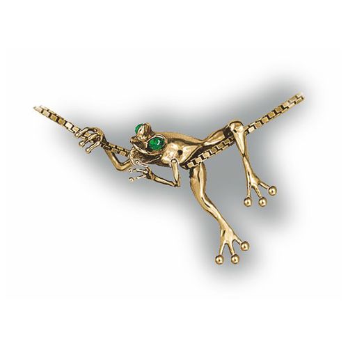 Small Frog with Emerald Eyes Pendant - 14K Yellow Gold