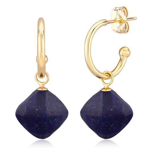 Small Hoop Lapis Drop Earrings - 14K Yellow Gold