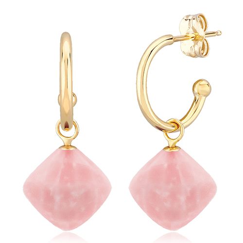 Small Hoop Pink Opal Drop Earrings - 14K Yellow Gold