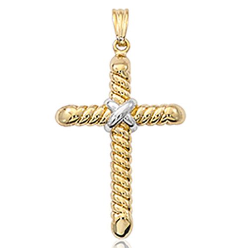Small Two-Tone Swirl Cross Pendant - 14K Yellow Gold and White Gold