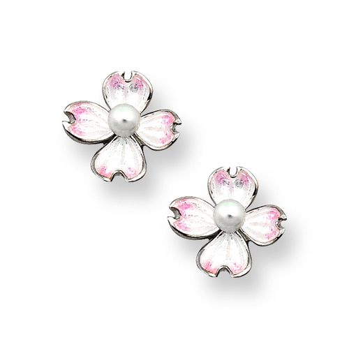 Small White Dogwood Stud Earrings Sterling Silver-Akoya Pearls - NE0144A