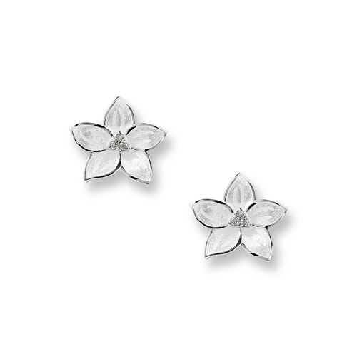 Small White Stephanotis Stud Earrings Sterling Silver-White Sapphires - NE0212YA