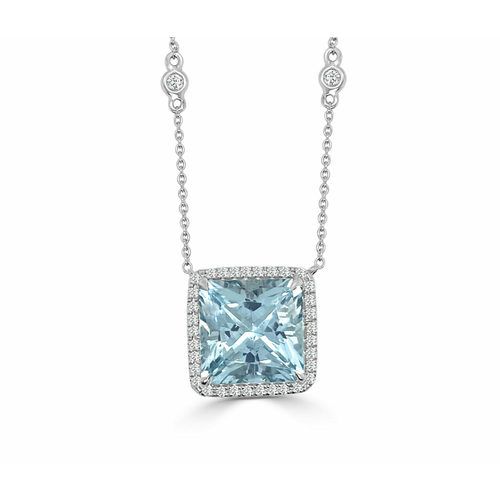 Square Radiant Cut Aquamarine & Diamond Halo, One Of A Kind Pendant