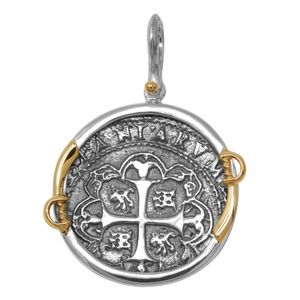 Ss/14ky Treasure Coin Spanish Replica Two Tone Pendant W/14ky Swords & Pin 27mm - TCPTTSW8A