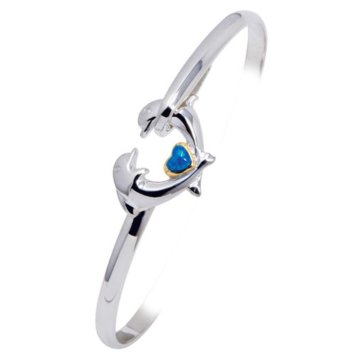 Ss 4mm Dolphin Heart Bracelet W/imi Opal & 14ky Heart 7.0 Inch - C4OPDOLHRT70