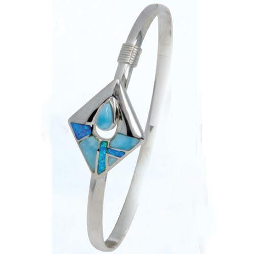 Ss 4mm Inlay Diamonds Shape Bracelet W/larimar Center & Ss Wraps 7.5 Inch - S4INDIAL75