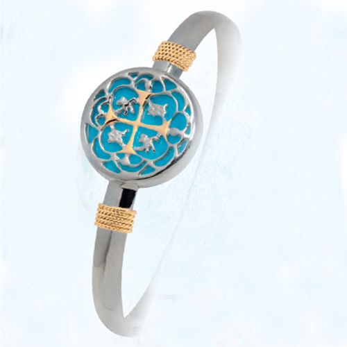 Ss 6mm Treasure Coin Larimar Bracelet W/14ky Wraps & Cross 7.5 Inch - TT6TCL75