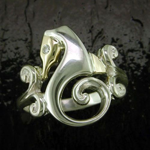 SS And 14K Seahorse Ring 9/24 with White Sapphire - SD-SGR605-7