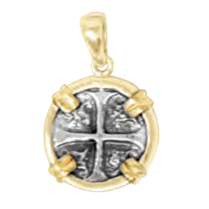 Ss Spanish Replica Treasure Coin Pendant W/14ky Frame, Prongs & Bail 15mm - TC2CPSPCT1A
