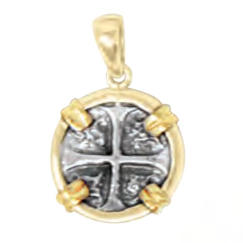 Ss Spanish Replica Treasure Coin Pendant W/14ky Frame, Prongs & Bail 15mm - TC2CPSPCT1A