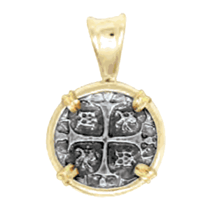 Ss Spanish Replica Treasure Coin Pendant W/14ky Frame, Prongs & Bail 20mm - TC2CPSPCT2A