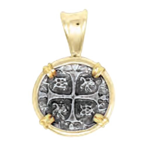 Ss Spanish Replica Treasure Coin Pendant W/14ky Frame, Prongs & Bail 20mm - TC2CPSPCT2A