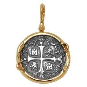 Ss Spanish Replica Treasure Coin Pendant W/14ky Frame, Swords & Bail 24mm - TC2CPSPCTSW4A