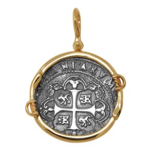 Ss Spanish Replica Treasure Coin Pendant W/14ky Frame, Swords & Bail 27mm - TC2CPSPCTSW8A