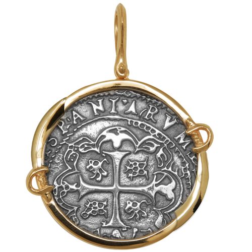 Ss Spanish Replica Treasure Coin Pendant W/14ky Frame, Swords & Bail 34mm - TC2CPSPCTSW10A