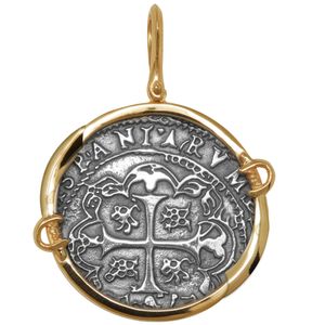 Ss Spanish Replica Treasure Coin Pendant W/14ky Frame, Swords & Bail 34mm - TC2CPSPCTSW10A