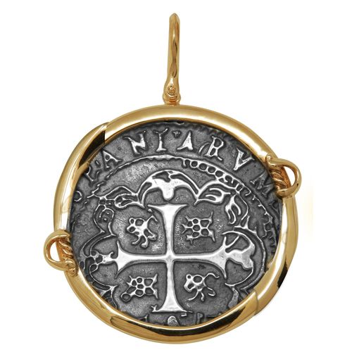 Ss Spanish Replica Treasure Coin Pendant W/14ky Frame, Swords & Bail 40mm - TC2CPSPCTSW12A