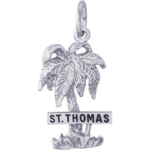 St Thomas Palm With Sign Charm - 14K White Gold