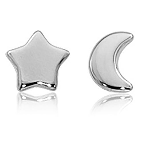 Sterling Silver 8mm Flat Star & Moon Stud Earrings
