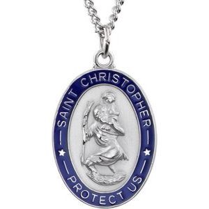Sterling Silver & Blue Epoxy 26x20 mm St. Christopher Medal 24" Necklace - R16440:104189:P