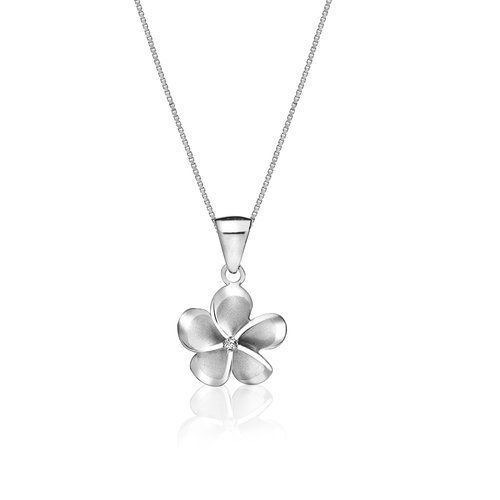 Sterling Silver Diamond Center Plumeria Pendant 12mm, Hawaiian Inspired Pendant, PSP-13273