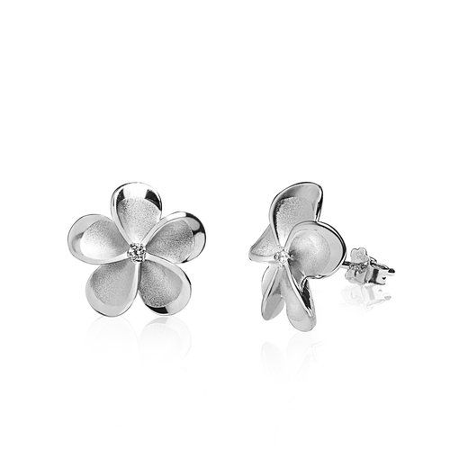 Sterling Silver Diamond Center Plumeria Stud Earrings 15mm, Hawaiian Inspired  Earrings, PSE-13274S