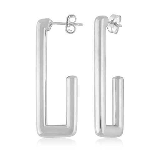 Sterling Silver Long Flat Rectangle Hoop Earrings - 71-3381