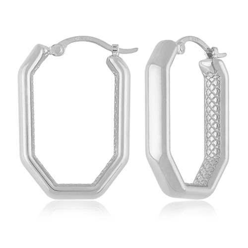 Sterling Silver Long Narrow Octogon Hoop Earrings - 71-4224