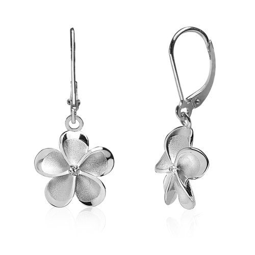 Sterling Silver Plumeria Diamond Lever back Earrings 12mm, Hawaiian Inspired  Earrings, PSE-13273L