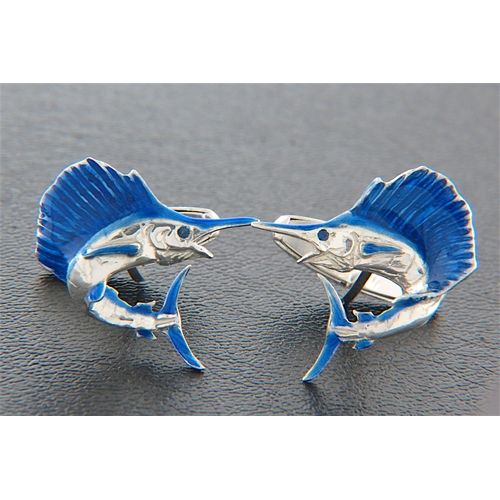 Sterling Silver Sailfish Cuff Links with Blue Enamel - CL003SC