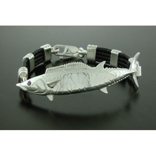 Sterling Silver Wahoo Black Leather Bracelet - SB109