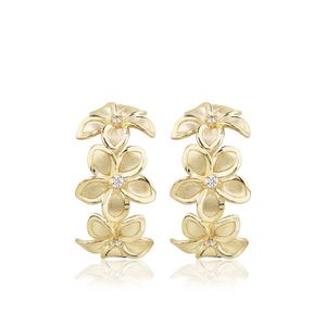 Three Diamond Plumeria Crescent Earrings