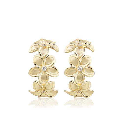 Three Diamond Plumeria Crescent Earrings