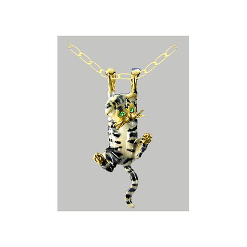 Tiger Cat Enamel Pendant - 14 Yellow Gold