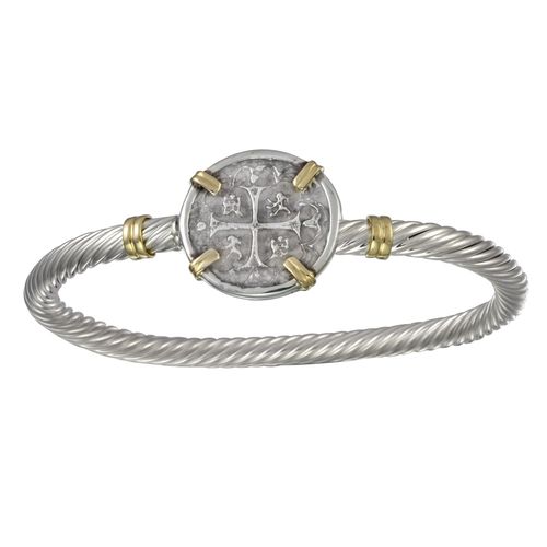 Treasure Coin Cable Hook Bracelet - Sterling Silver & 14K 5mm 7 Inch