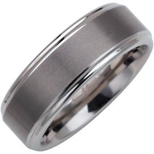 Tungsten 8 mm Satin Finished Band with Ridged Edges Size 8.5 - TAR101:104:P