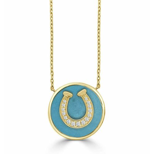 Turquoise & Diamond Horse Shoe Happy Pendant