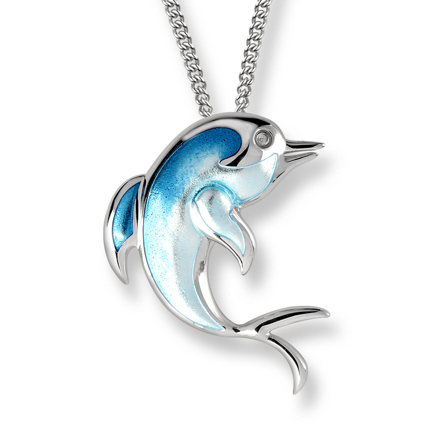 Turquoise Dolphin Necklace Sterling Silver-White Sapphires - SN0525B