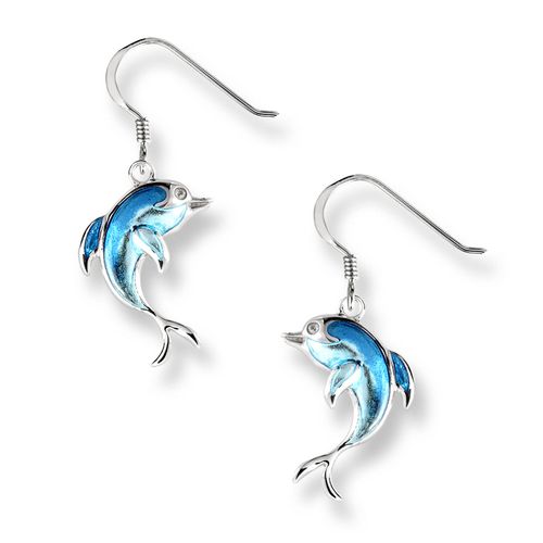 Turquoise Dolphin Wire Earrings Sterling Silver-White Sapphires - SW0525B