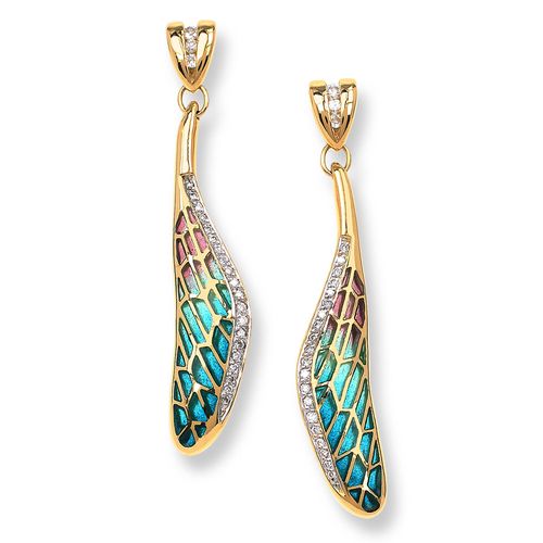 Turquoise Dragonfly Stud Earrings 18K -Diamonds - Plique-a-Jour - NEG007WA