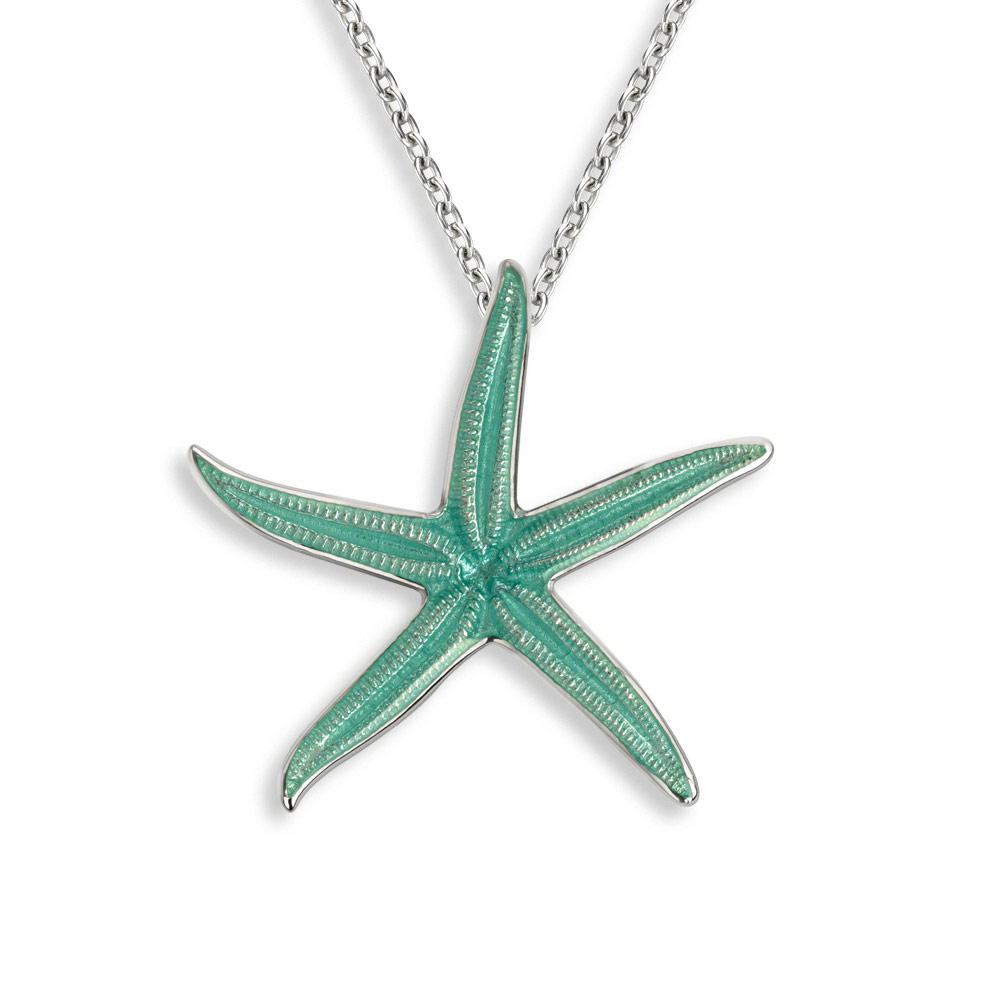 Turquoise Sea Star Necklace in Sterling Silver with Vitreous Enamel. Adjustable 18 inch Chain included. Rhodium Plated - NN0453B